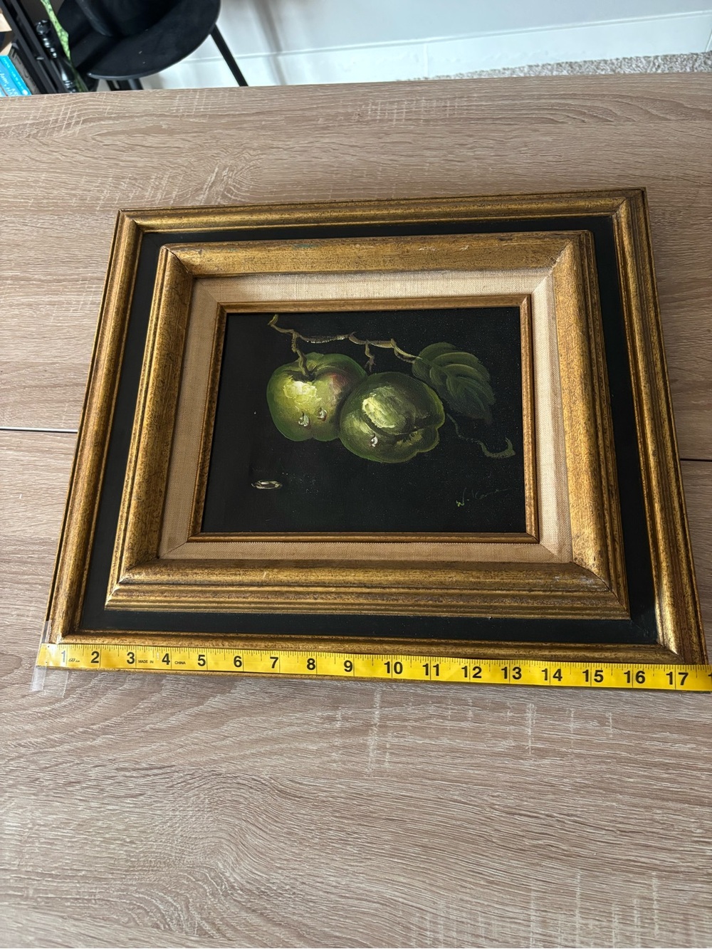 Vintage Signed Original Oil Painting Green Apples Gold Wood Frame - Picture 5 of 6